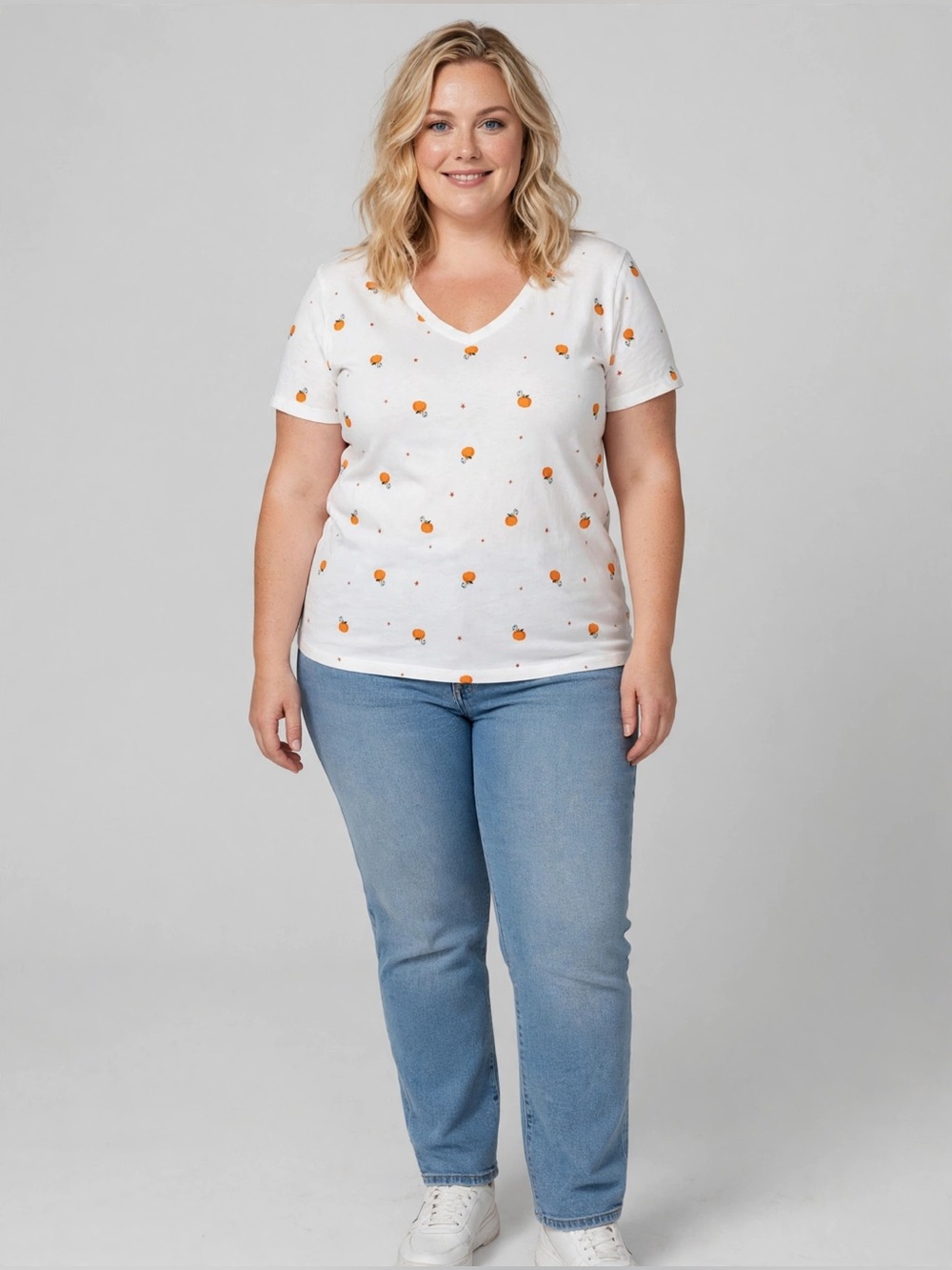 Old Navy White V-Neck Tee with Orange Pumpkin Print NWOT XXL
